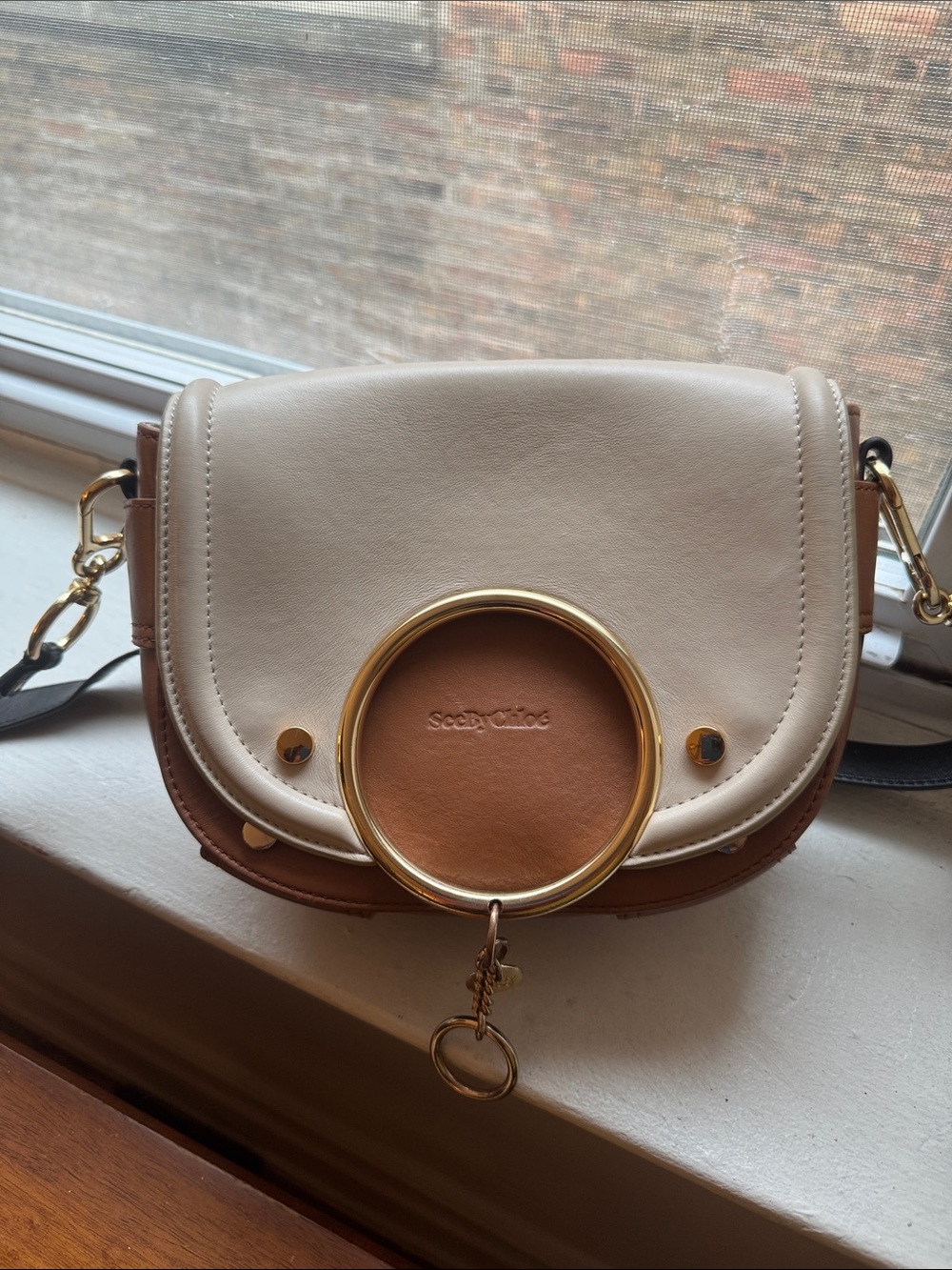 See by Chloe Two-Tone Cream and Brown Crossbody Shoulder Bag with Gold Hardware